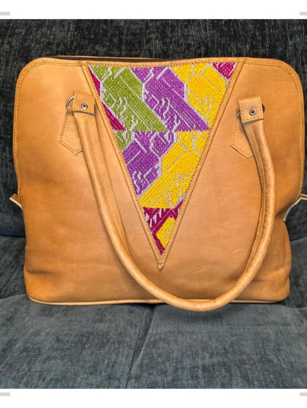 Genuine leather shoulder bag with traditional Guatemalan huipil textile accent